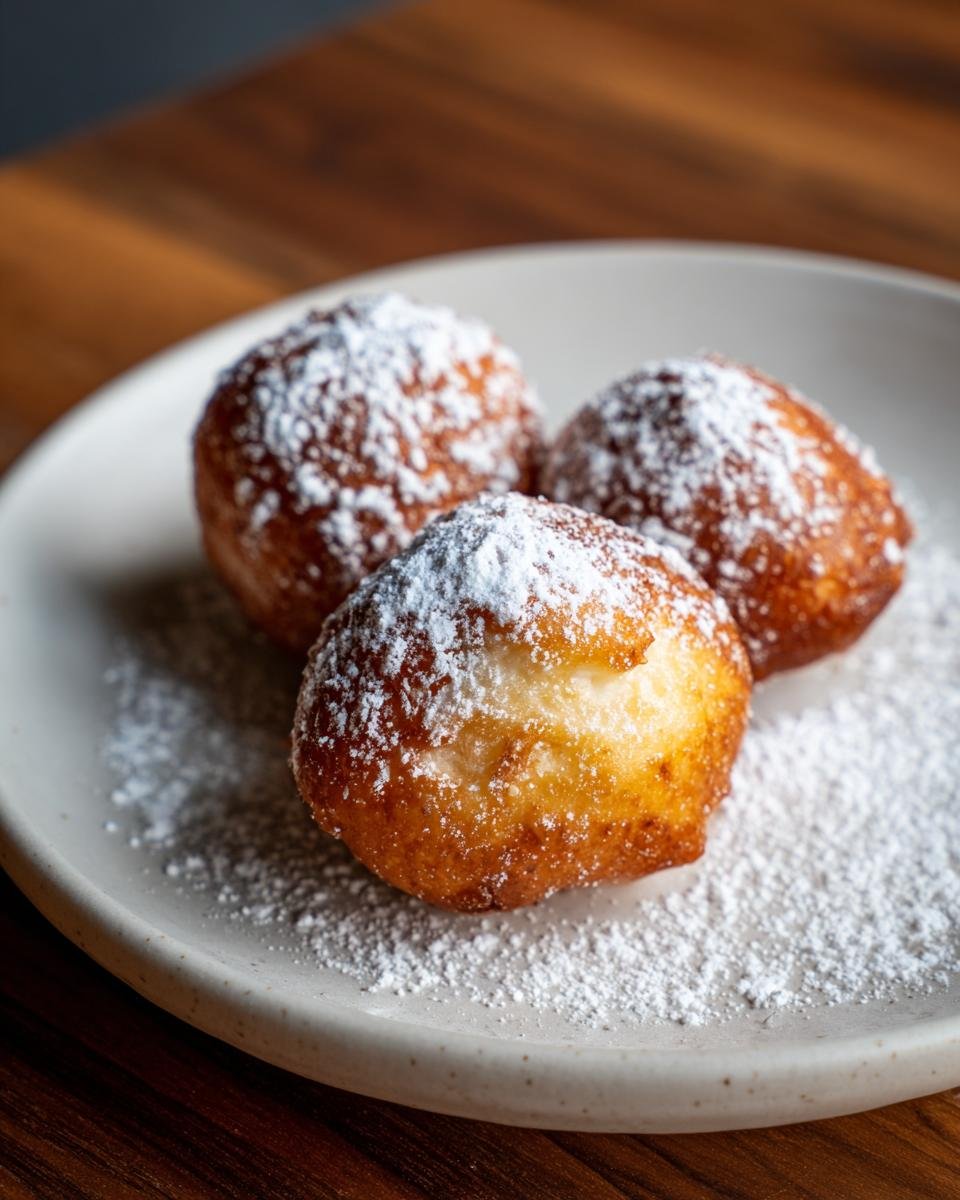 Three golden brown Irresistible Lemon Fritters dusted heavily with white powdered sugar on a light plate.