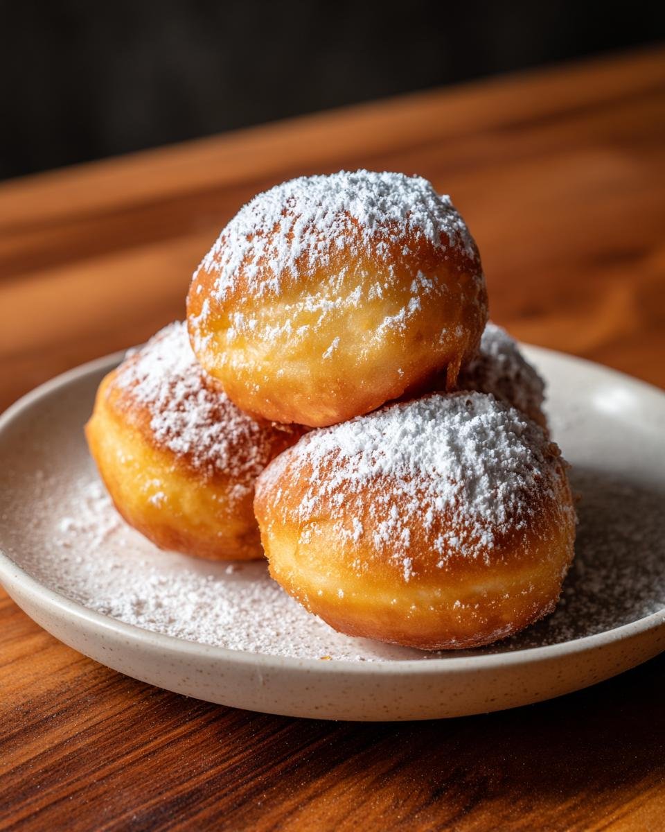 A stack of fluffy Irresistible Lemon Fritters generously dusted with white powdered sugar on a light plate.