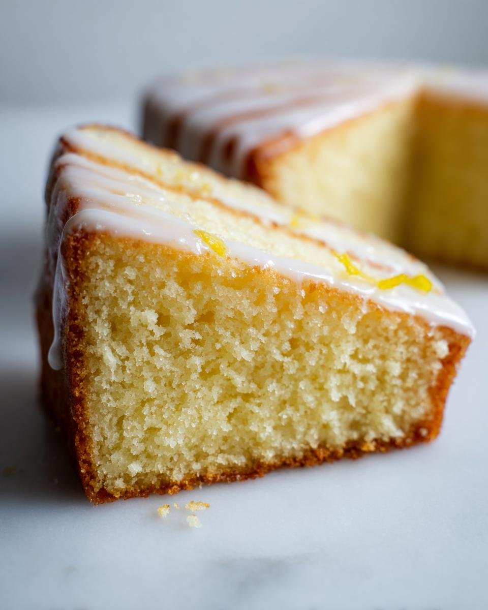 Close-up of a moist slice of Irresistible London Fog Cake topped with white glaze and lemon zest.