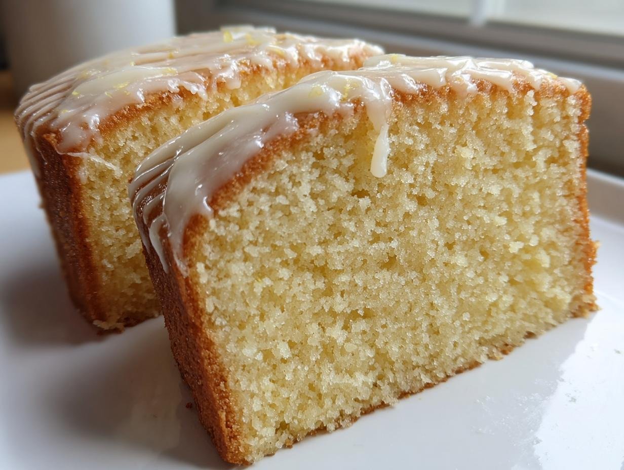 Close-up of two slices of Irresistible London Fog Cake Recipe with a light glaze topping.