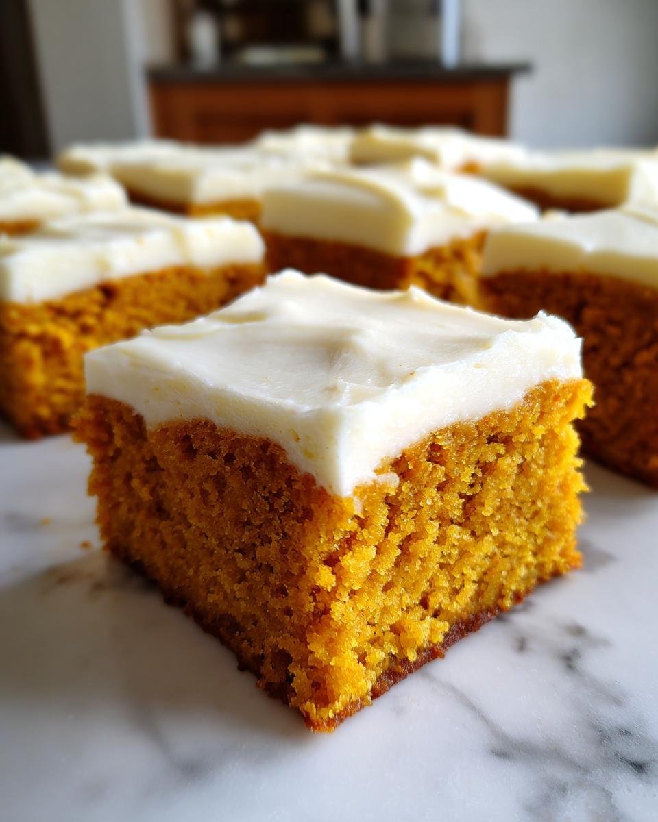 A close-up view of a square cut piece of Irresistible Old Fashioned Pumpkin Bars topped with thick cream cheese frosting.