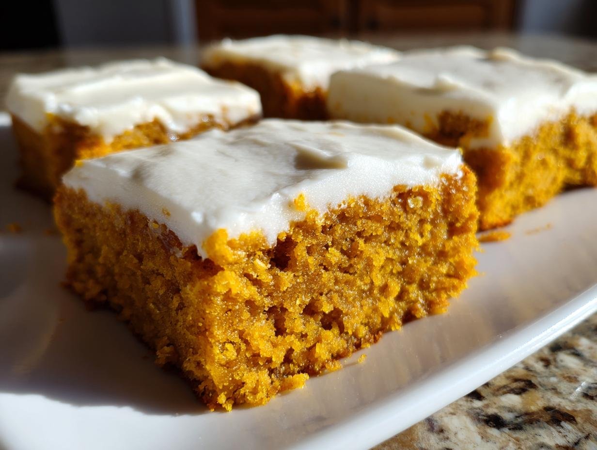 Close-up of moist Irresistible Old Fashioned Pumpkin Bars topped with thick cream cheese frosting on a white platter.