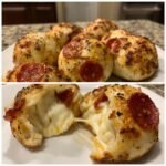 Two images showing Irresistible Pepperoni Pizza Bombs; one shows a plate of them, the other shows one pulled apart revealing melted, stretchy cheese.