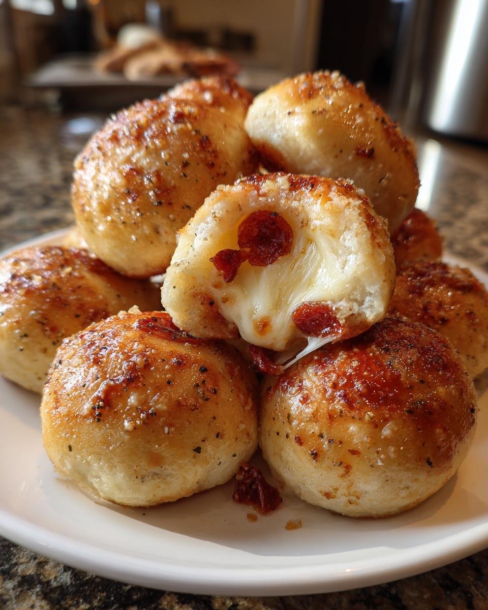 Close-up of Irresistible Pepperoni Pizza Bombs stacked, one is broken open showing gooey cheese and pepperoni.