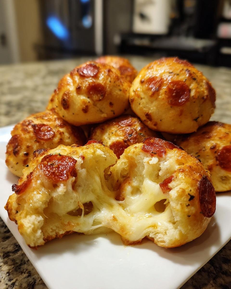 A stack of golden-brown Irresistible Pepperoni Pizza Bombs, one broken open showing melted, stretchy cheese.