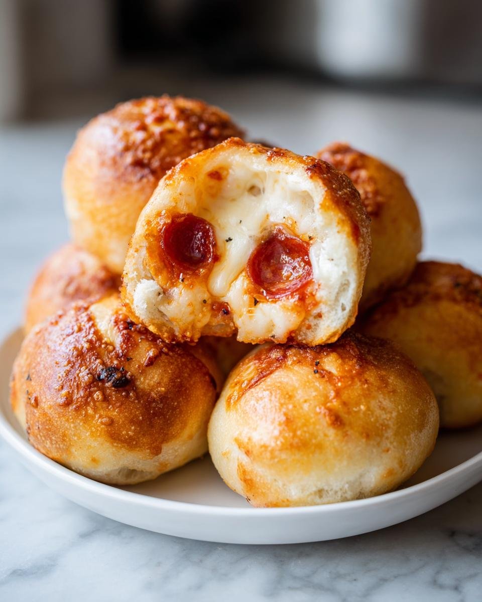 Close-up of Irresistible Pepperoni Pizza Bombs, one cut open revealing melted cheese and pepperoni.