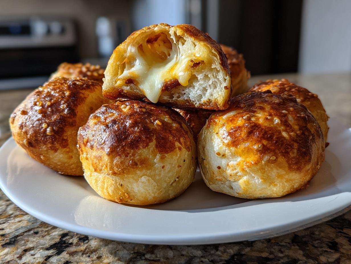 A stack of golden-brown Irresistible Pepperoni Pizza Bombs, one cut open showing melted cheese.