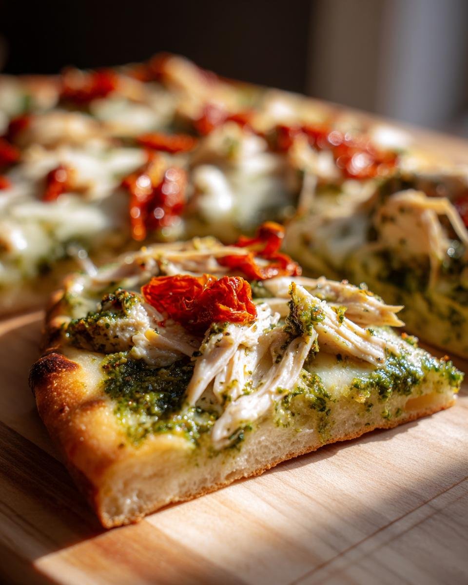 Close-up of a slice of Irresistible Pesto Chicken Flatbread topped with shredded chicken, pesto, and sun-dried tomatoes.