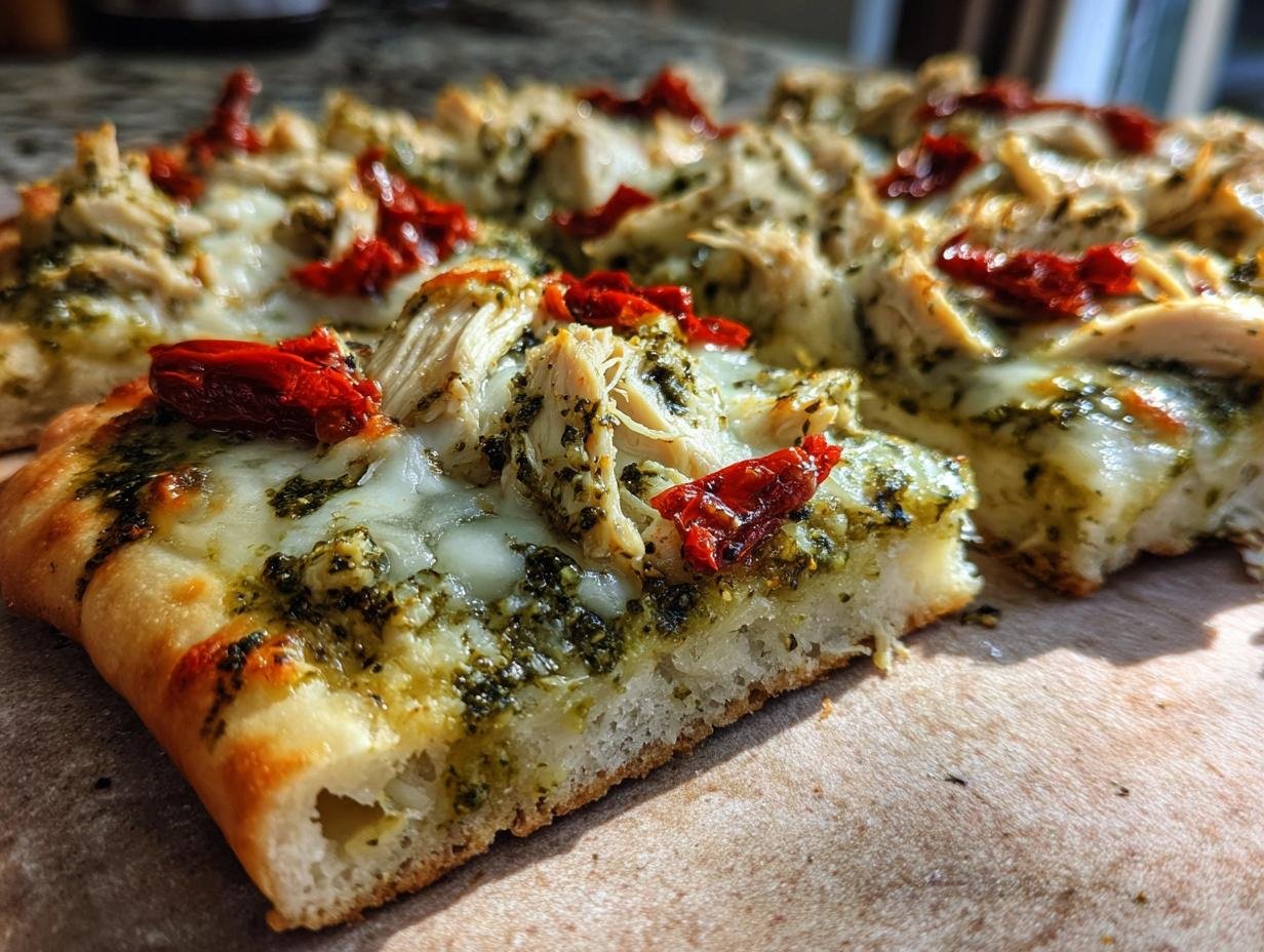 Close-up of a thick slice of Irresistible Pesto Chicken Flatbread topped with melted cheese and sun-dried tomatoes.