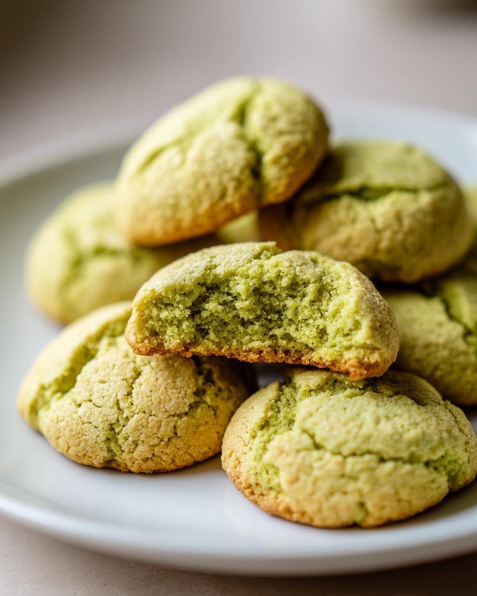 Close-up of soft, pale green Irresistible Pistachio Cream Cookies, one broken in half showing the moist interior.