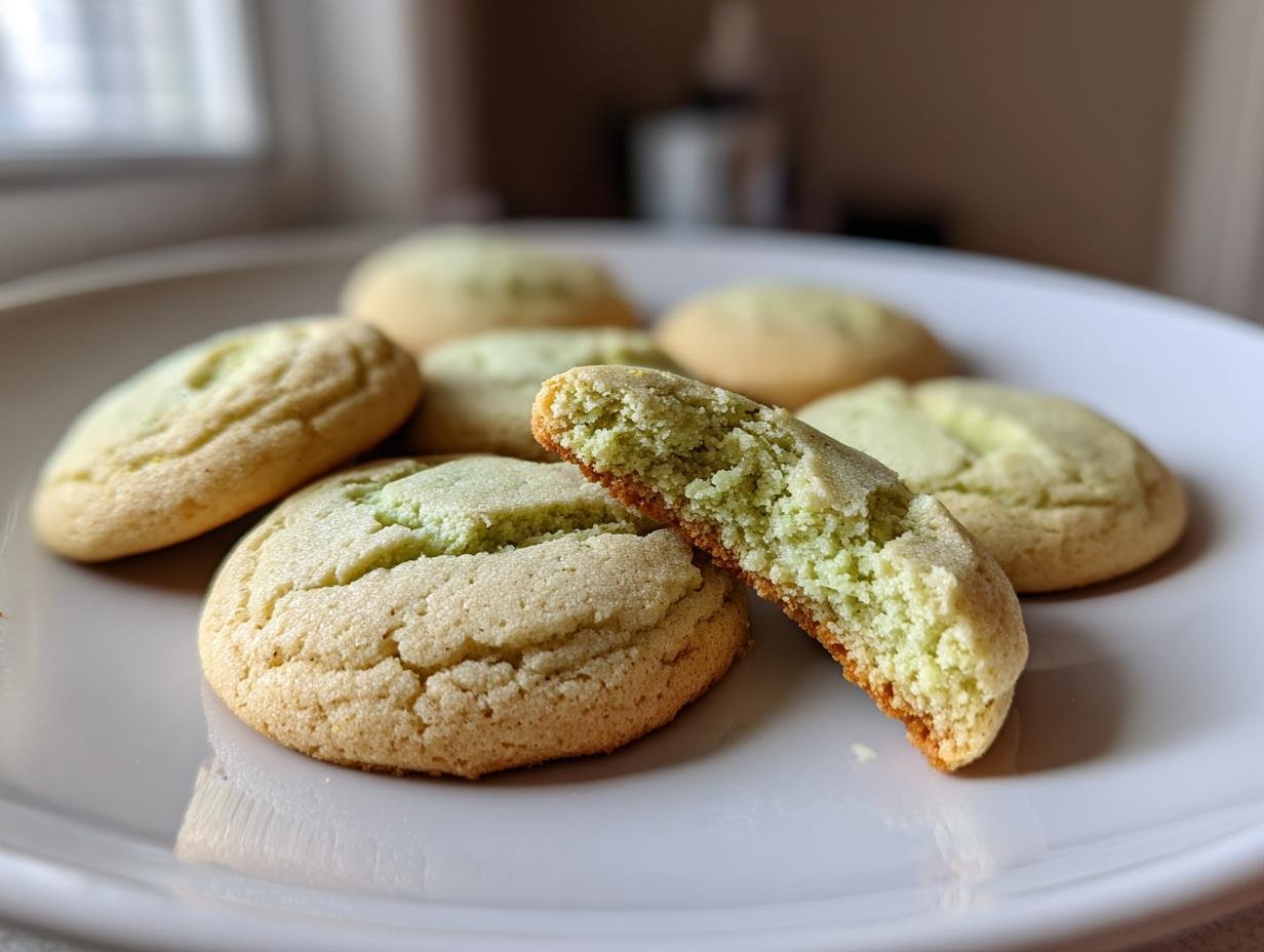 Close-up of Irresistible Pistachio Cream Cookies, showing one cookie broken in half revealing the soft, light green pistachio filling.