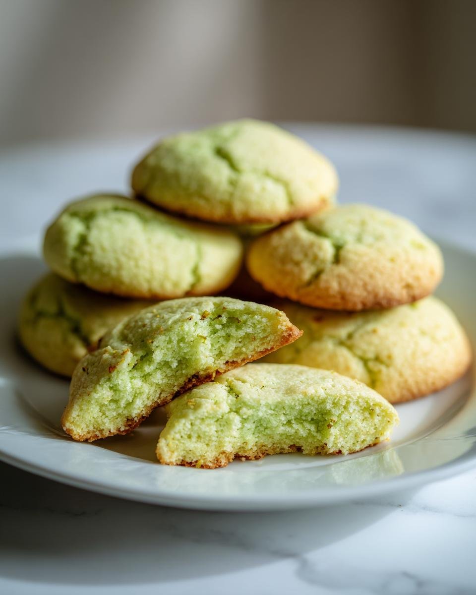 A stack of soft, pale green Irresistible Pistachio Cream Cookies, with one cookie broken in half showing the moist interior.