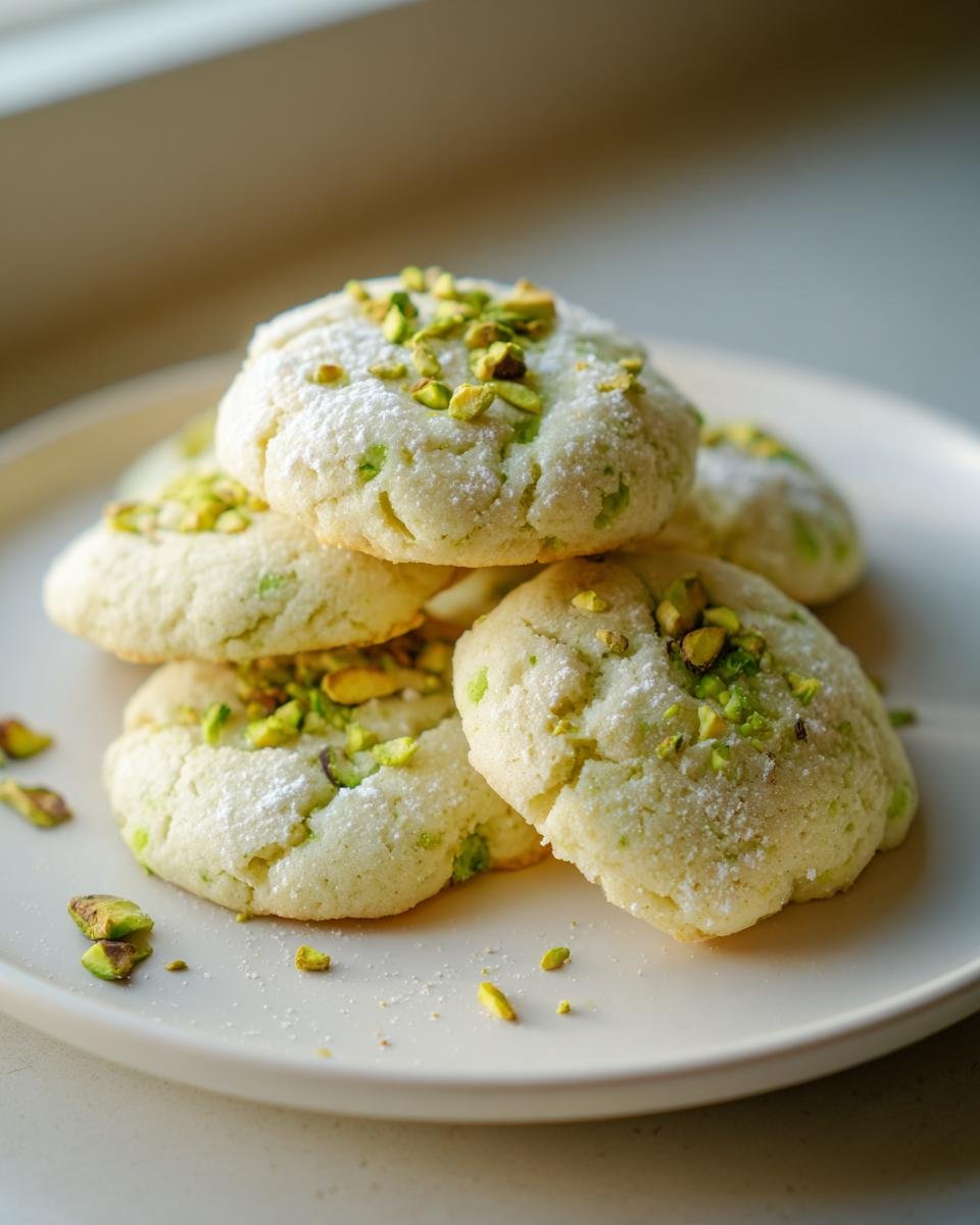 A stack of soft, pale green Irresistible Pistachio Wedding Cookies dusted with powdered sugar and topped with chopped pistachios.
