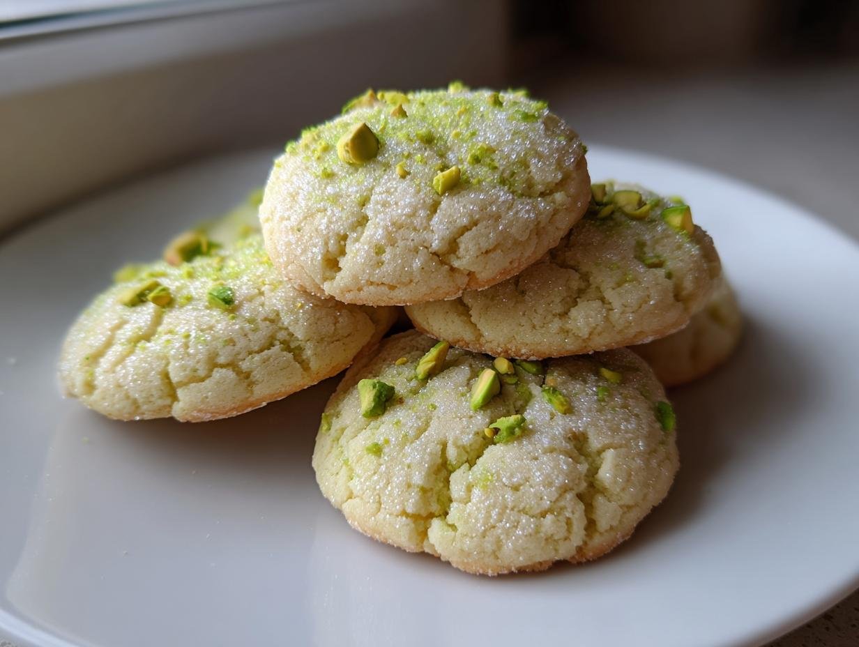 A stack of Irresistible Pistachio Wedding Cookies coated in sugar and topped with chopped green pistachios.