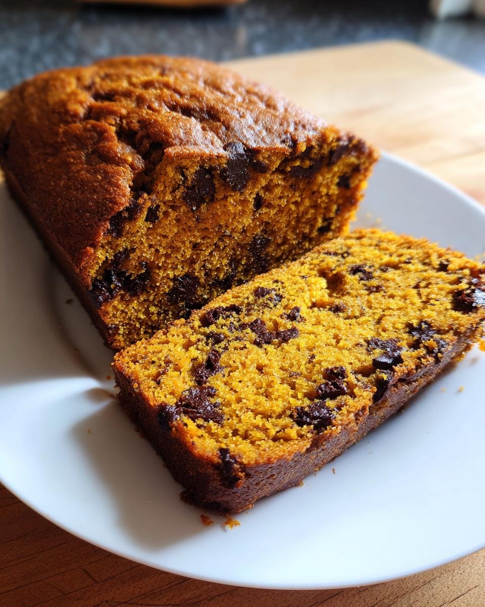 A loaf of Irresistible Pumpkin Chocolate Chip Bread with one slice cut and resting against the main loaf on a white plate.