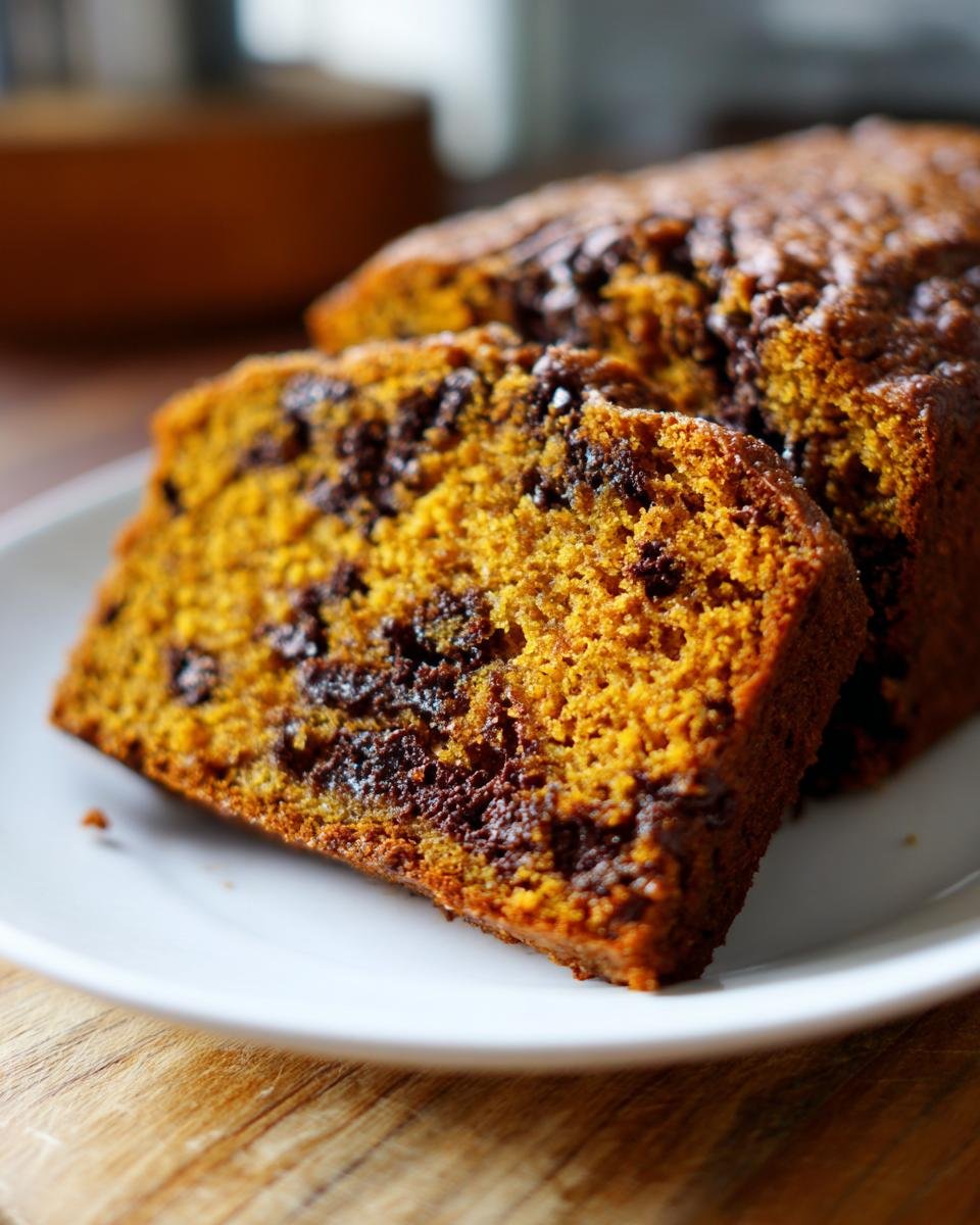 Close-up of two moist slices of Irresistible Pumpkin Chocolate Chip Bread loaded with chocolate chips.