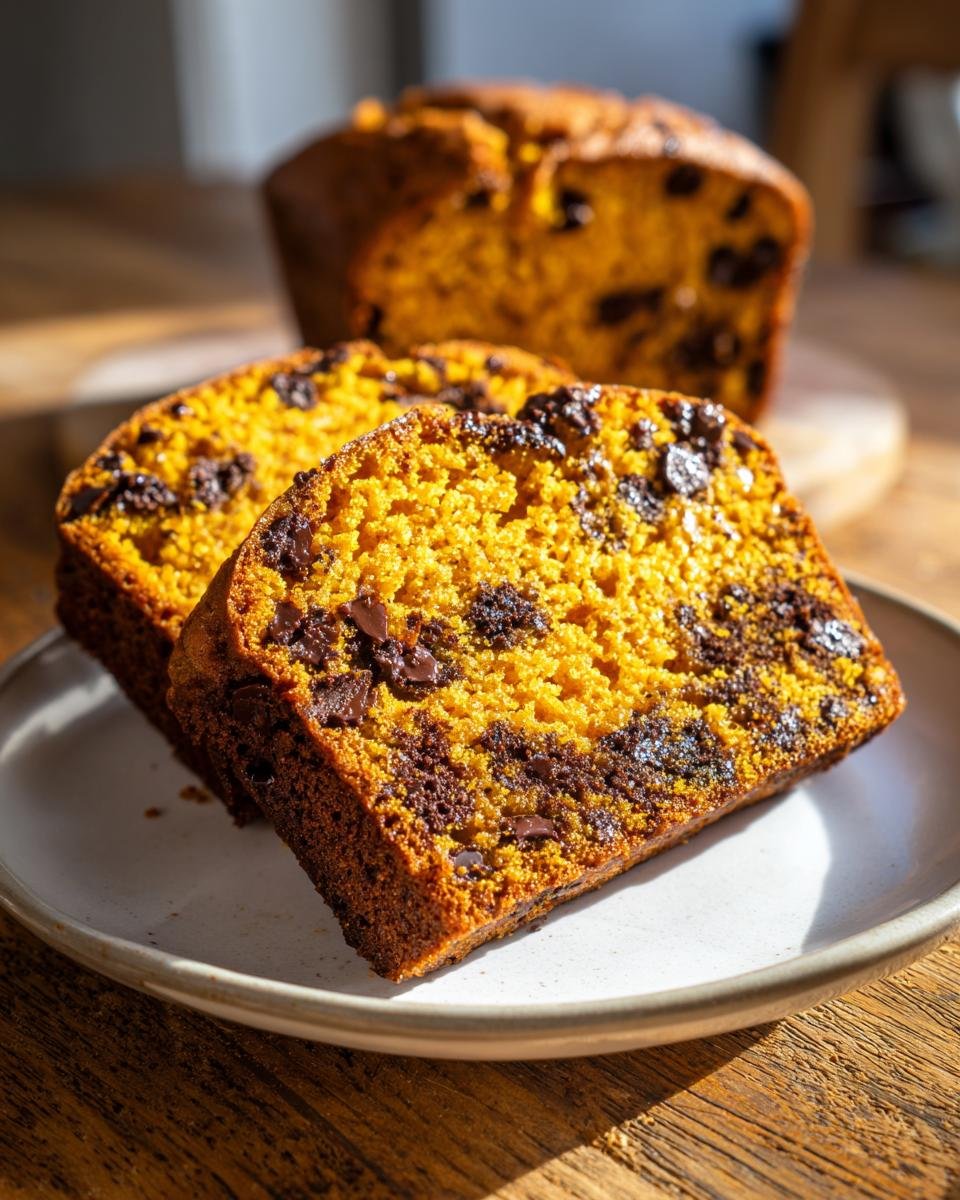 Two thick slices of moist, orange-colored Irresistible Pumpkin Chocolate Chip Bread loaded with dark chocolate chips.