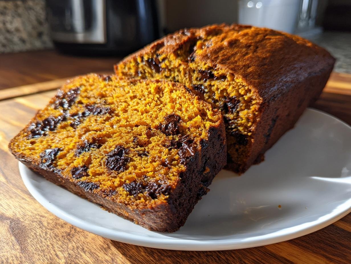 Two slices of moist, orange-hued Irresistible Pumpkin Chocolate Chip Bread loaded with dark chocolate chips.