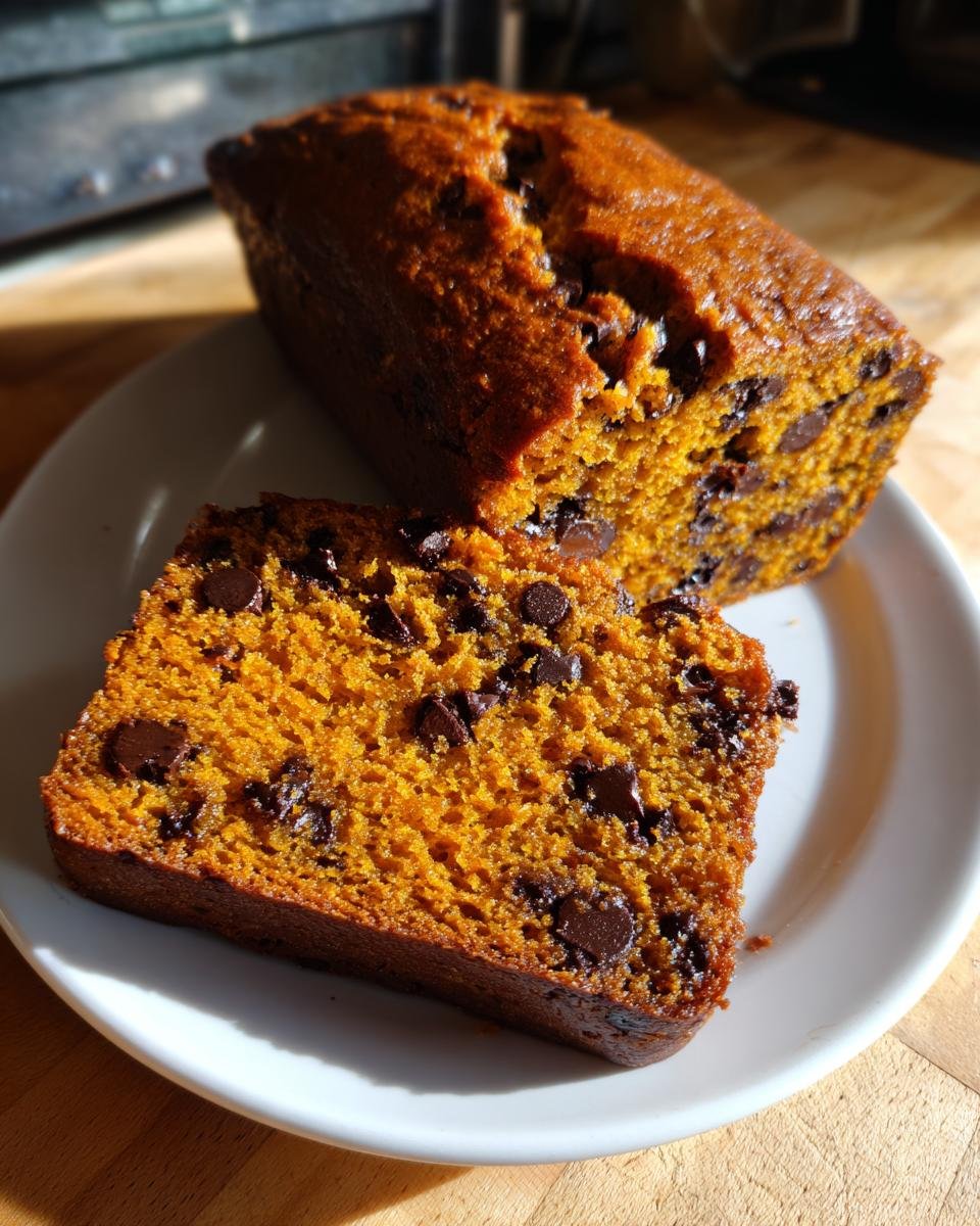 A close-up of an Irresistible Pumpkin Chocolate Chip Bread loaf with one thick slice cut and resting on a white plate.