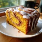 A moist slice of Irresistible Pumpkin Honey Bun Cake with a cinnamon swirl and thick white glaze drizzled on top.