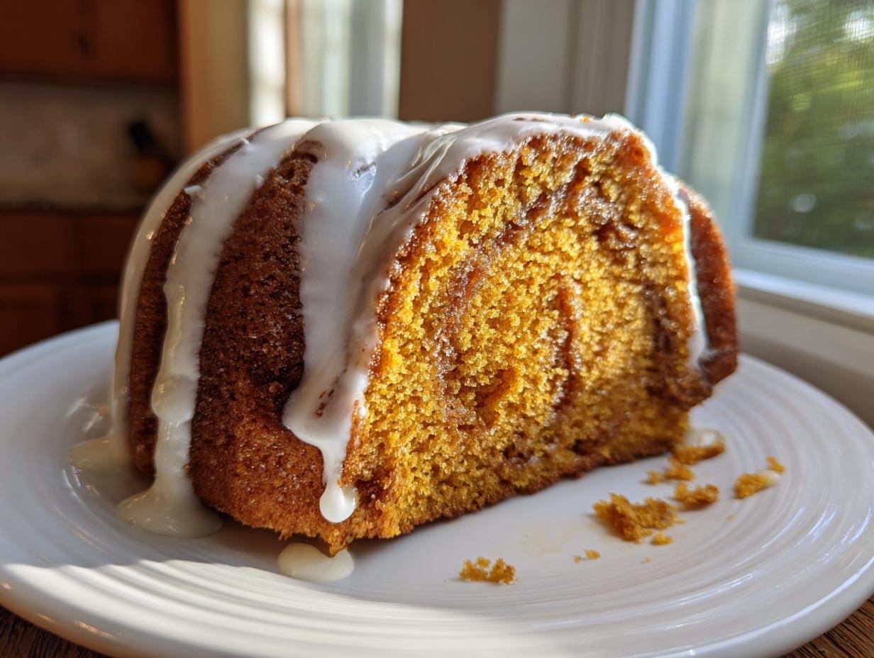 A moist slice of Irresistible Pumpkin Honey Bun Cake Recipe topped with thick white glaze, sitting on a white plate.