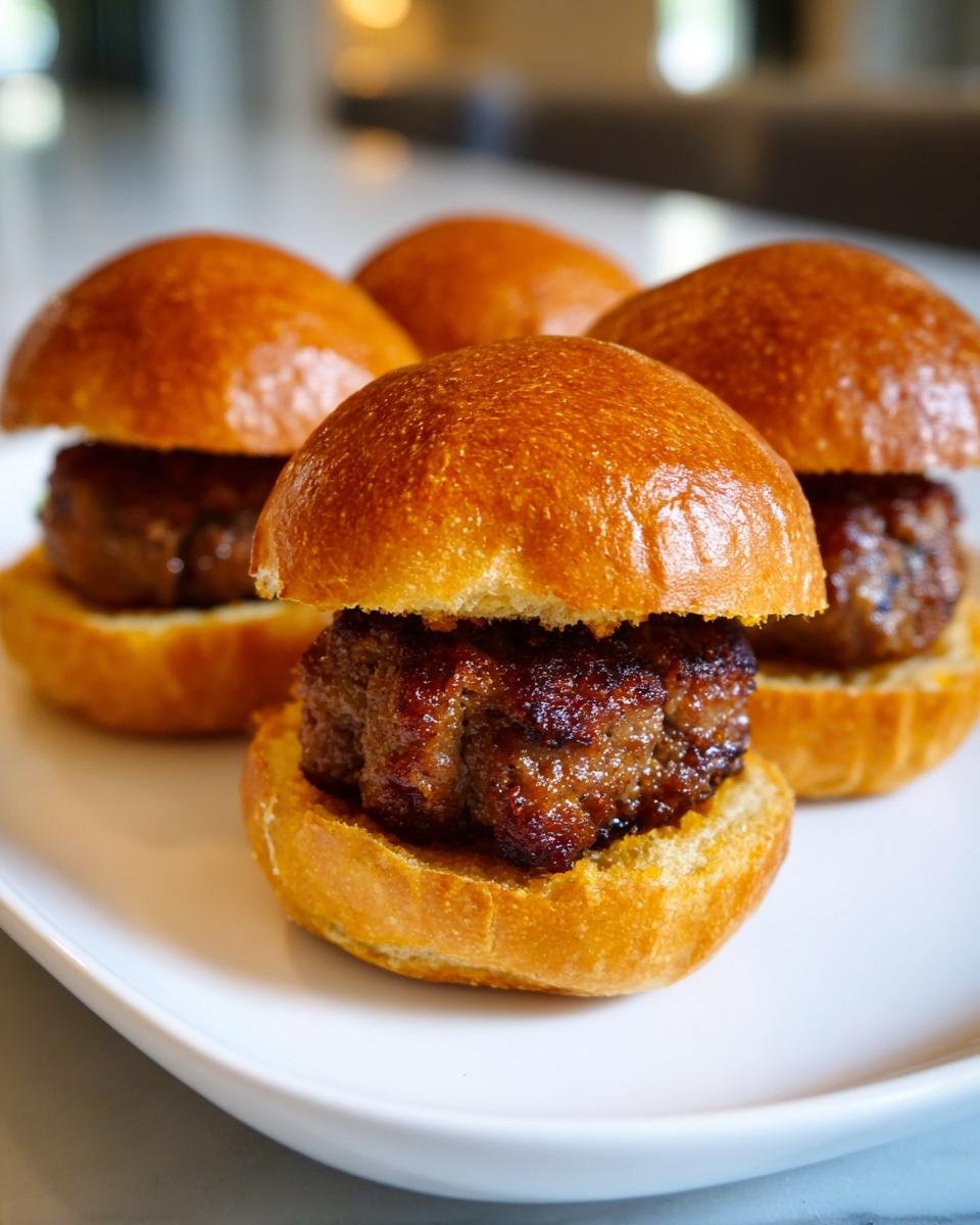 Four glistening, freshly made Irresistible Pumpkin Shaped Sliders Beef served on a white platter.