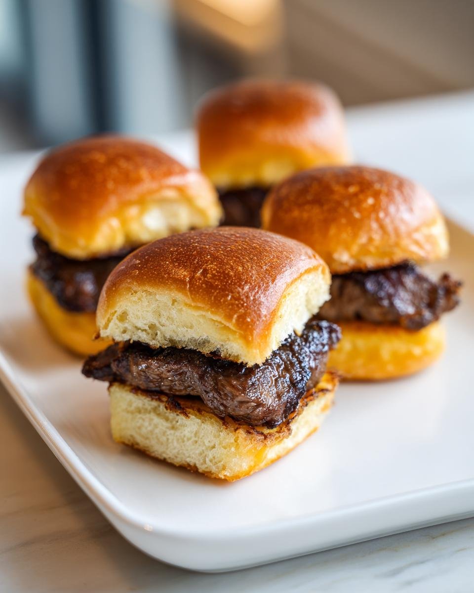 Four delicious Irresistible Pumpkin Shaped Sliders Beef served on a white platter with toasted brioche buns.