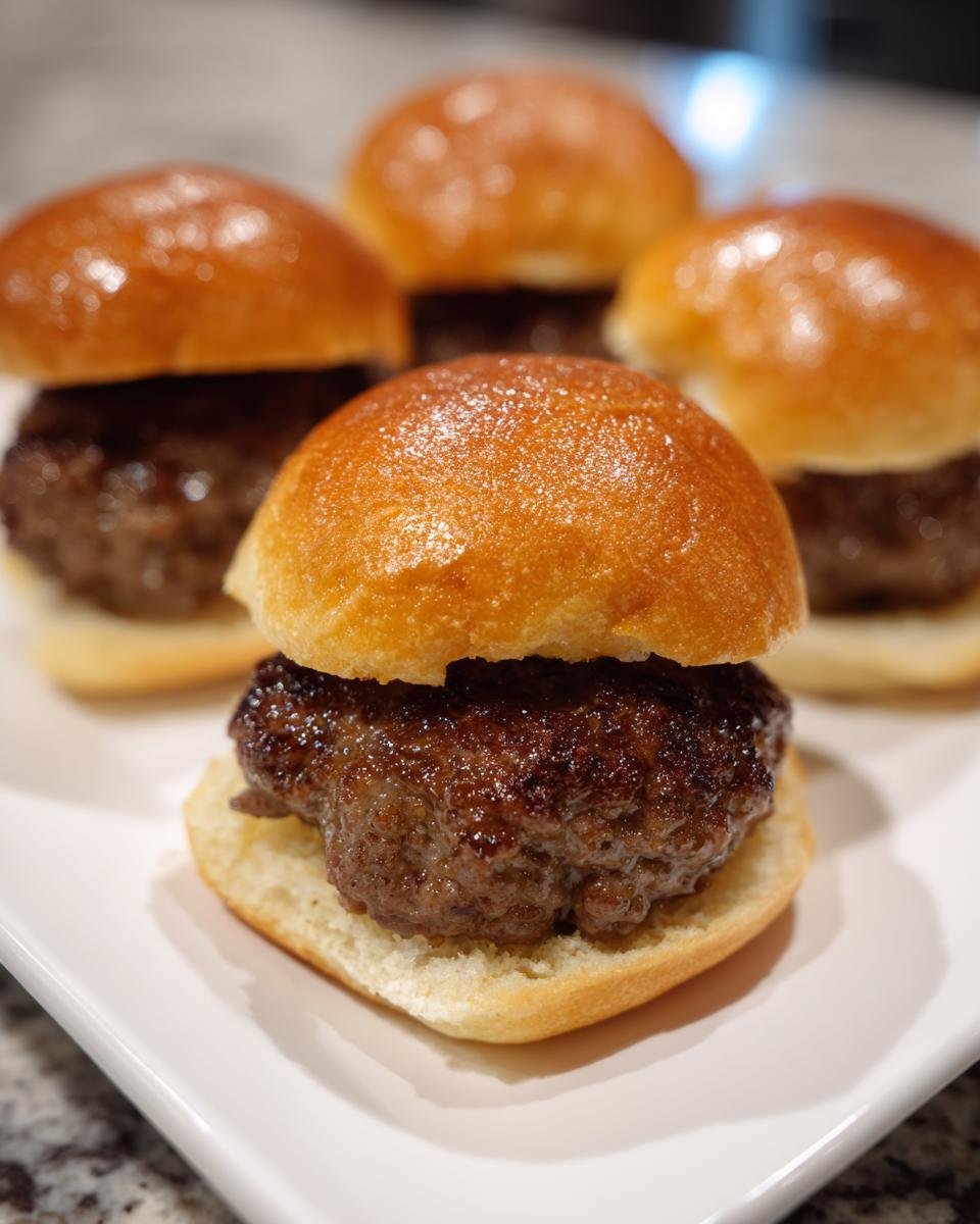 Close-up of several Irresistible Pumpkin Shaped Sliders Beef patties on shiny brioche buns served on a white plate.