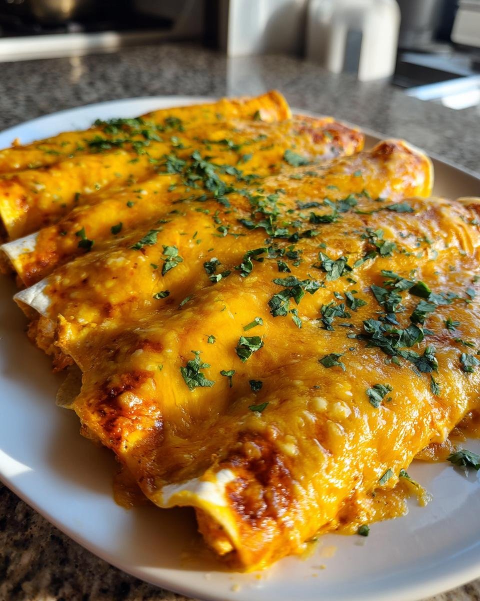 Close-up of three Irresistible Queso Chicken Enchiladas covered in melted orange cheese and sprinkled with cilantro.