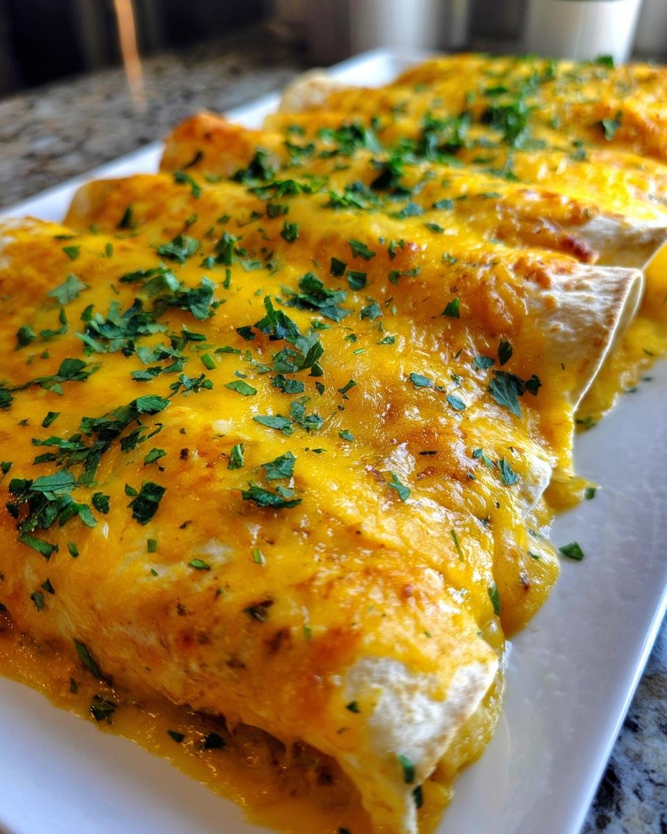 Close-up of baked Irresistible Queso Chicken Enchiladas covered in melted orange cheese and fresh parsley.