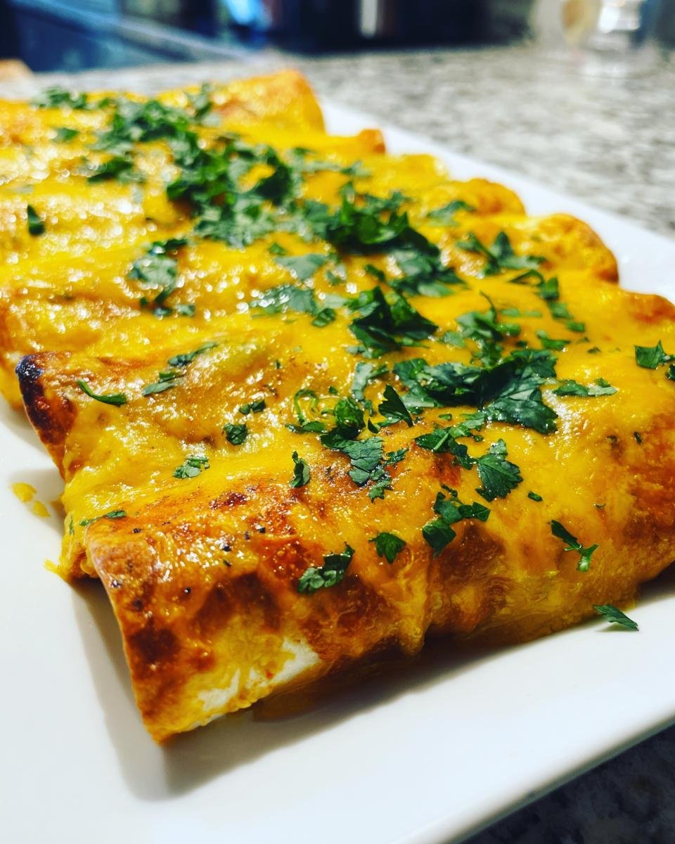 Several Irresistible Queso Chicken Enchiladas smothered in melted yellow cheese and topped with fresh cilantro.