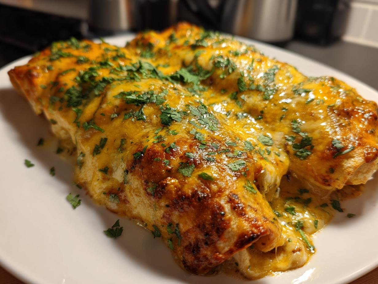 Close-up of two Irresistible Queso Chicken Enchiladas covered in melted cheese sauce and fresh parsley.