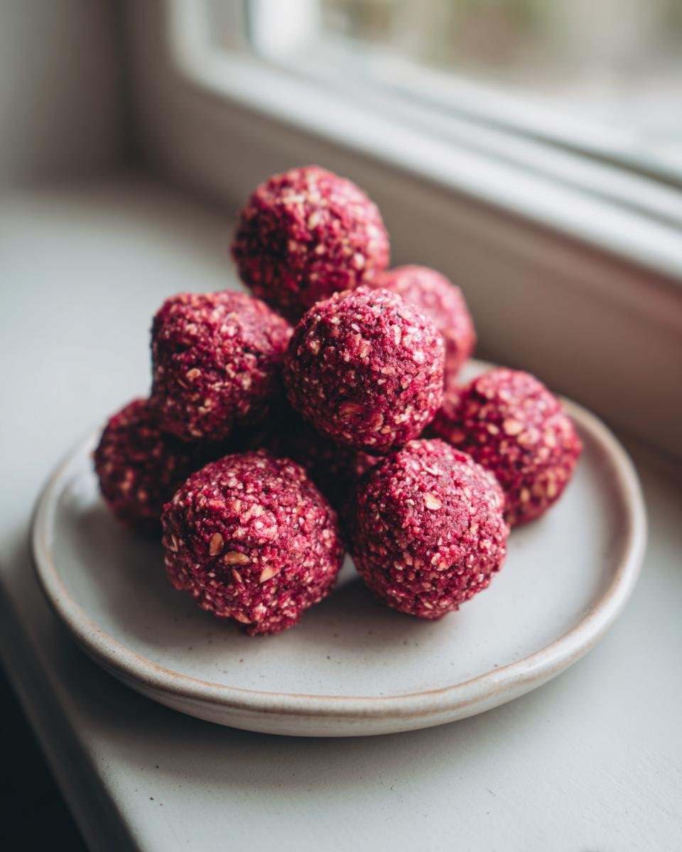 A stack of vibrant, deep pink Irresistible Raspberry Protein Balls resting on a small ceramic plate near a window.