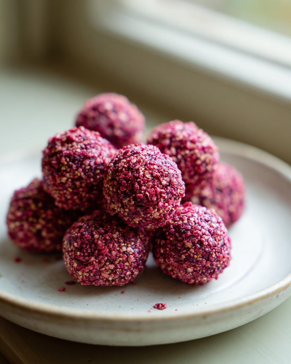 A stack of Irresistible Raspberry Protein Balls coated in bright pink raspberry powder on a light ceramic plate.