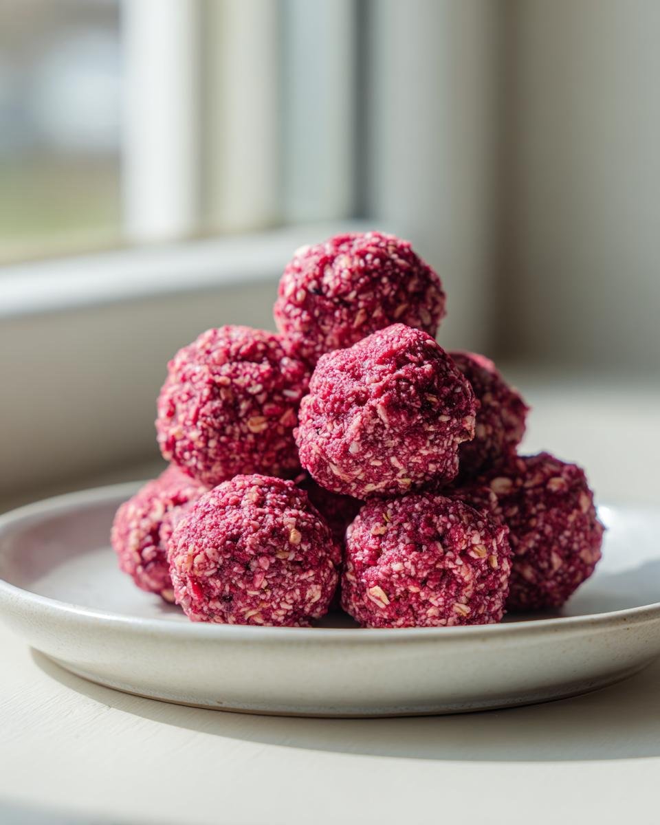 A stack of bright pink Irresistible Raspberry Protein Balls coated in oats, sitting on a light grey plate near a window.
