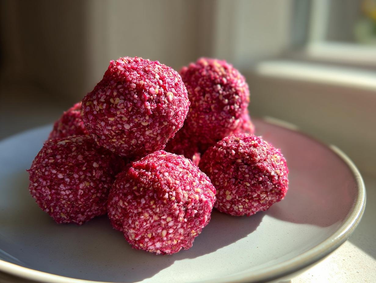 Close-up of several bright pink Irresistible Raspberry Protein Balls coated in seeds, piled on a light gray plate.