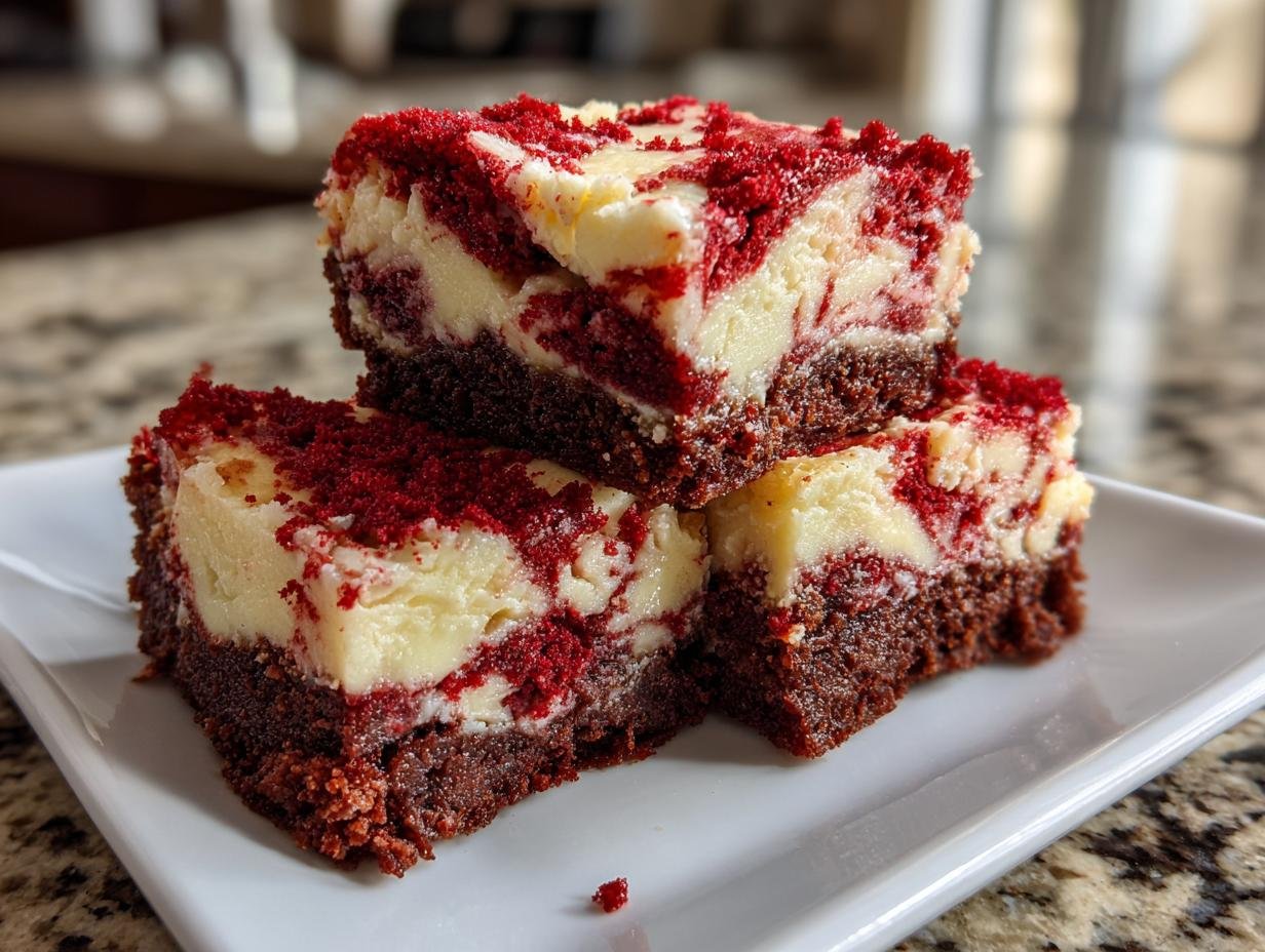 Three stacked squares of Irresistible Red Velvet Brownies featuring a dark base and a marbled red and cream cheese topping.