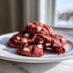 Close-up of Irresistible Red Velvet Cake Mix Cookies with melted white chocolate chips on a white plate.