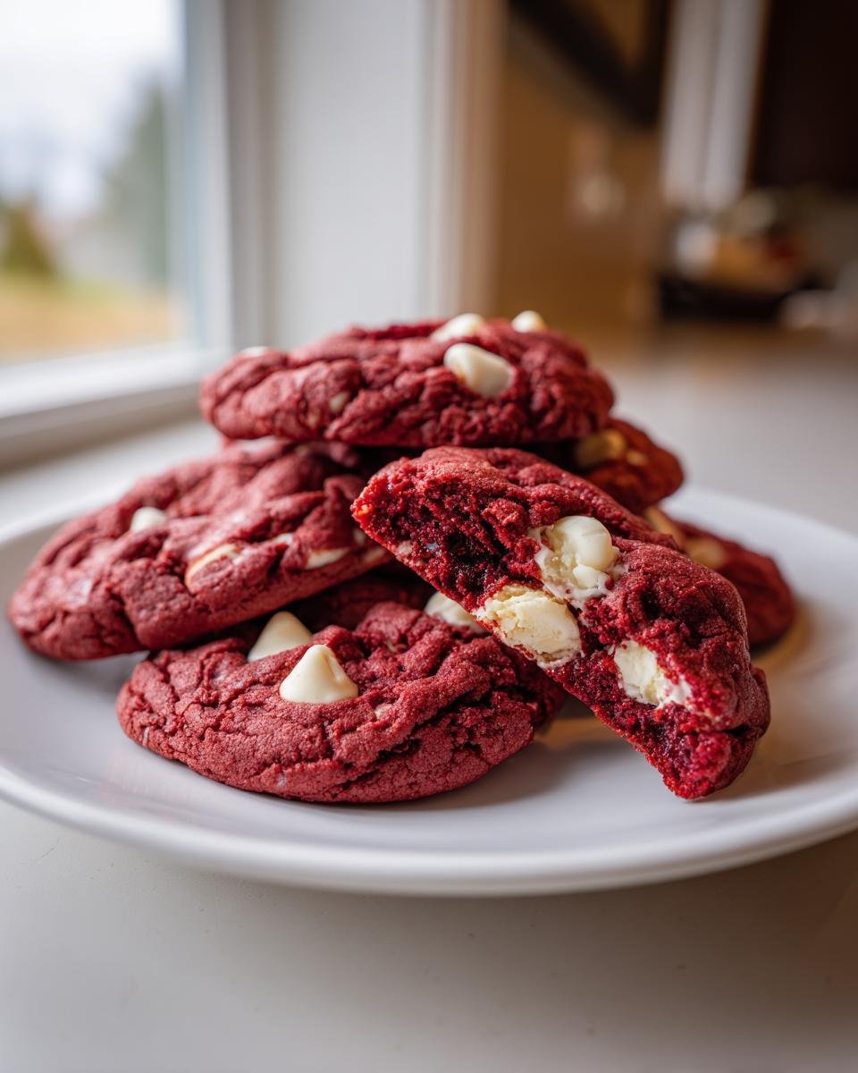 A stack of Irresistible Red Velvet Cake Mix Cookies studded with white chocolate chips, one cookie is broken open.