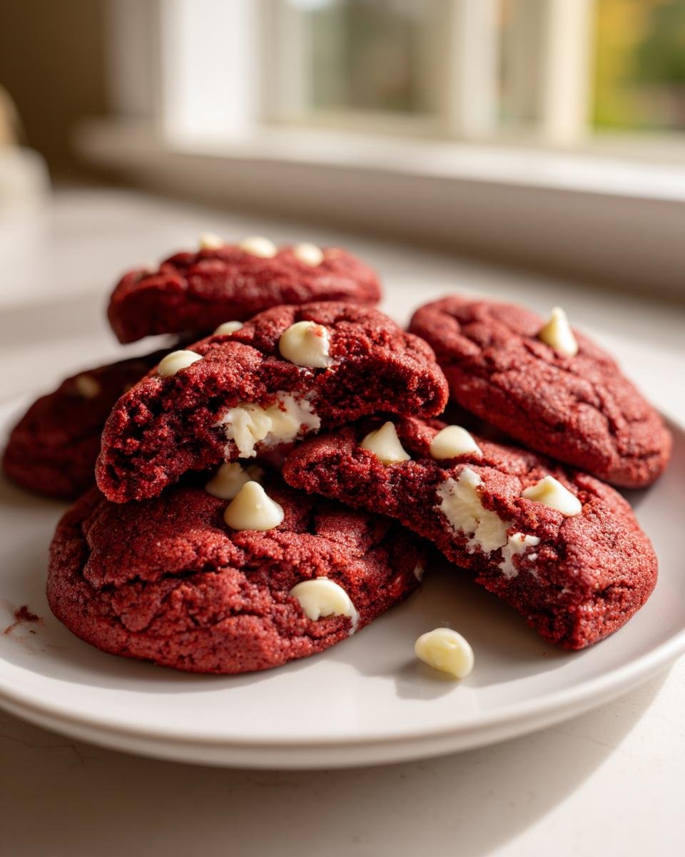 Close-up of Irresistible Red Velvet Cake Mix Cookies, one broken open showing a soft center and white chocolate chips.
