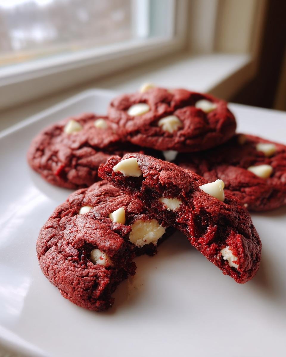 Close-up of Irresistible Red Velvet Cake Mix Cookies, one broken open showing white chocolate chips inside.