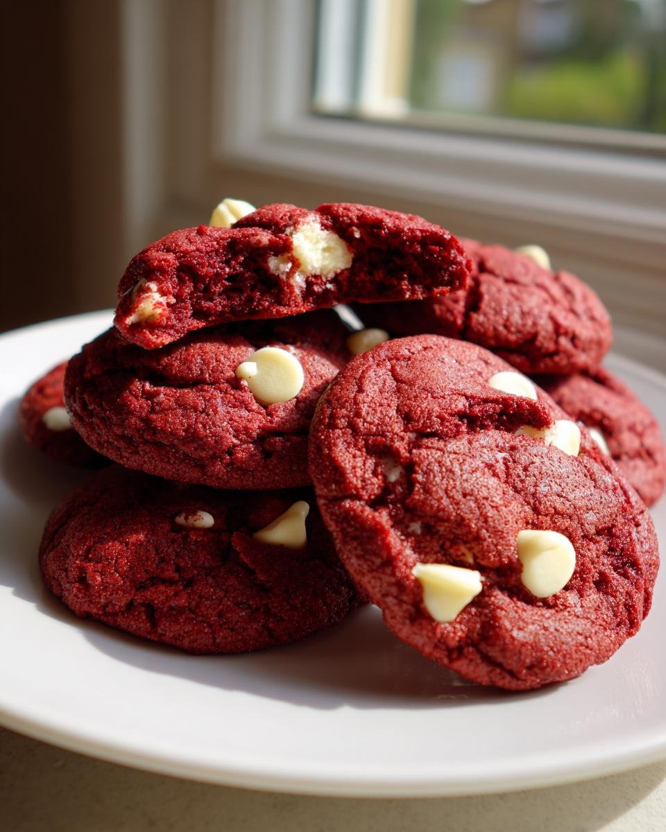 A stack of soft, vibrant red velvet cake mix cookies studded with white chocolate chips, one cookie broken open.