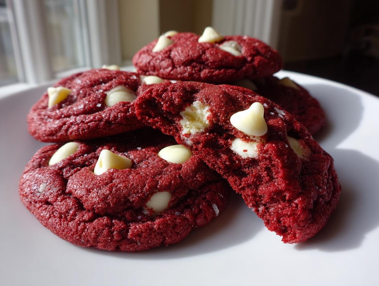 A stack of Irresistible Red Velvet Cake Mix Cookies studded with white chocolate chips, one cookie broken open.
