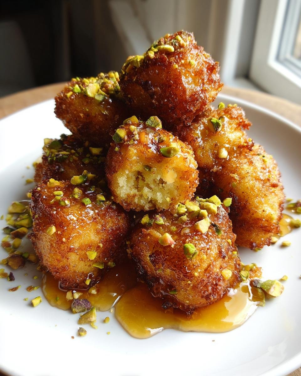 A stack of golden brown Irresistible Ricotta Pistachio Honey Bites drizzled with honey and topped with chopped pistachios.