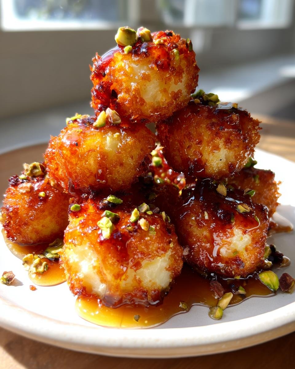 A stack of golden-brown, fried Irresistible Ricotta Pistachio Honey Bites drizzled with honey and topped with chopped pistachios.