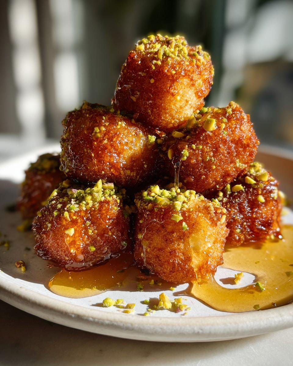 A stack of golden brown Irresistible Ricotta Pistachio Honey Bites drizzled with honey and topped with chopped pistachios.