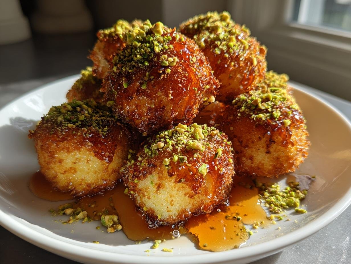 A stack of golden-brown Irresistible Ricotta Pistachio Honey Bites drizzled with honey and topped with chopped pistachios.