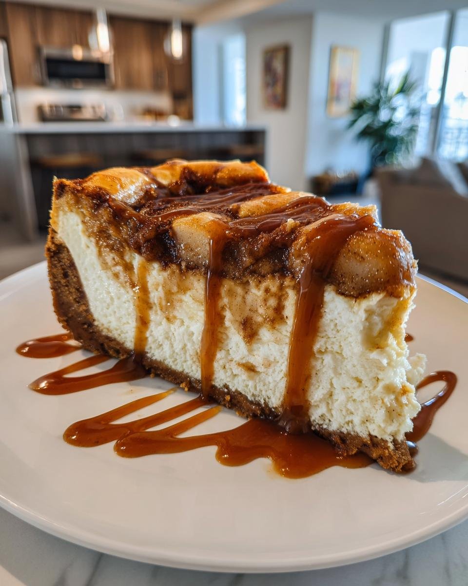 A thick slice of Irresistible Salted Caramel Apple Pie Cheesecake drizzled heavily with caramel sauce on a white plate.
