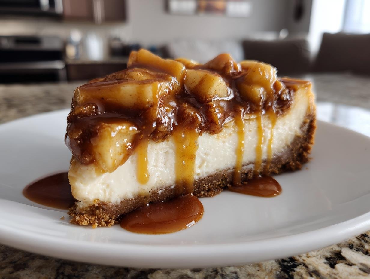 A decadent slice of Irresistible Salted Caramel Apple Pie Cheesecake with dripping caramel sauce on a white plate.