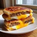 Close-up of a halved Irresistible Sausage Egg Mcgriddle recipe showing melted cheese, sausage patty, and egg.